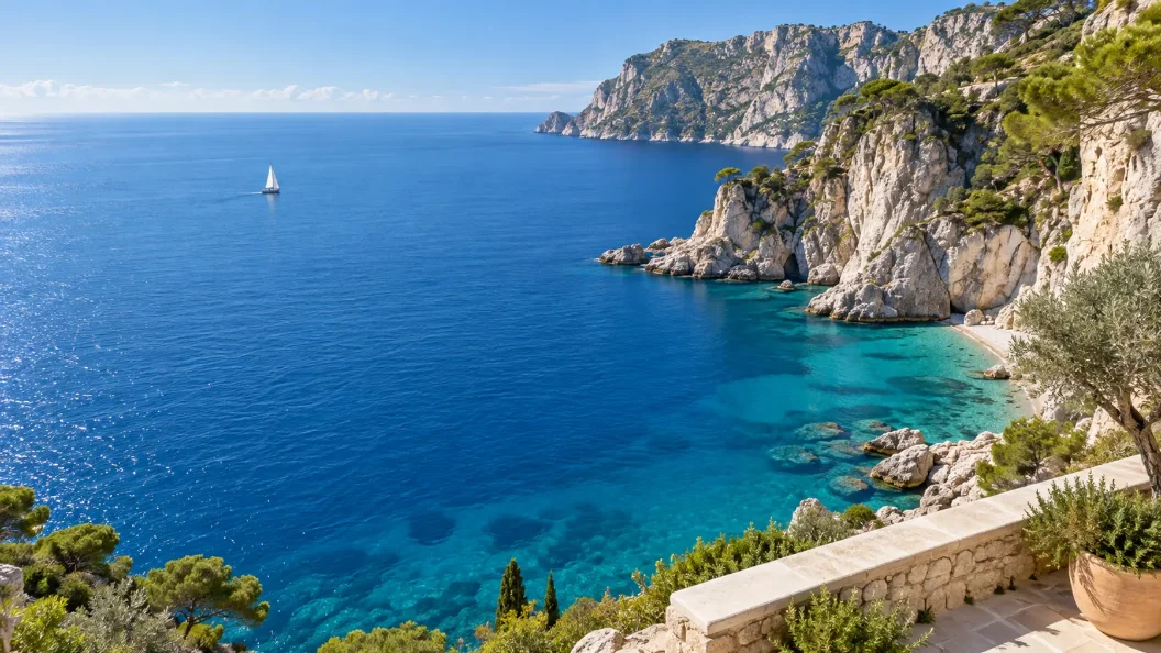 Mediterranean coast with cliffs, turquoise water and a sailing boat